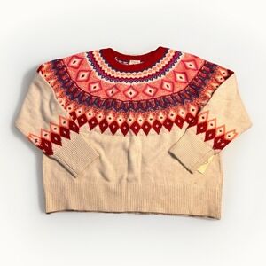 St Johns Bay Fair Isle Crewneck Pullover Sweater Red Pink Ivory Womens XL Xmas